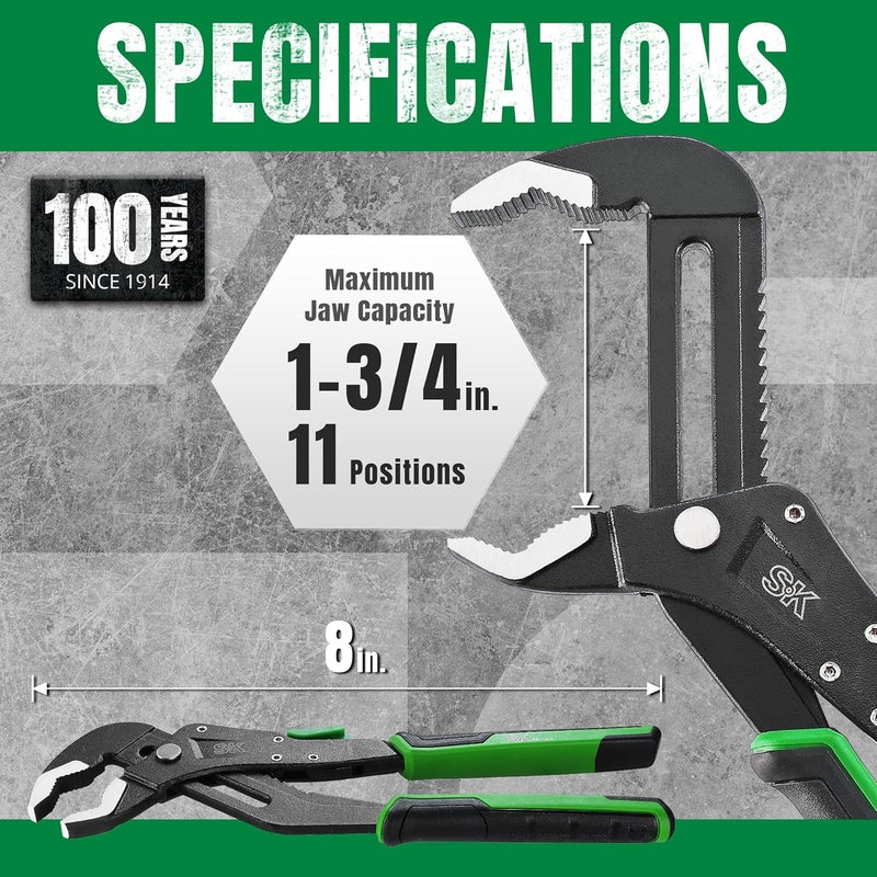 SK 8-Inch Quick Adjust Groove Joint Pliers, Water Pump Pliers, Premium CR-V Construction, SureGrip V-Jaw Design with Comfortable Grips - Image 3